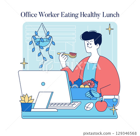 Illustration of an office worker taking a break to eat a healthy lunch with fresh fruits and vegetables at their desk. The character appears content and relaxed. Vector illustration. 129346568