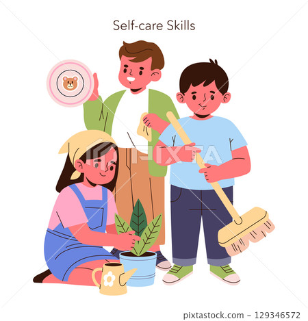 Vector illustration of children engaged in self-care activities and household tasks, such as watering plants, washing dishes, and cleaning. Promotes teamwork and responsibility. Vector illustration of children engaged in self-care activities and household tasks, such as watering plants, washing dishes, and cleaning. Promotes teamwork and responsibility. 129346572