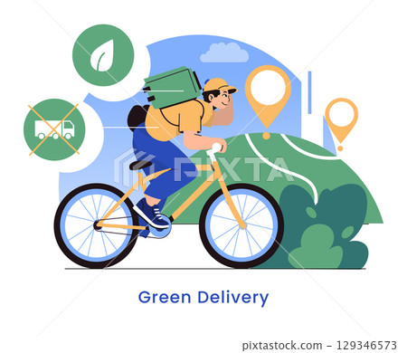 Future Of Delivery concept. Eco-friendly courier riding a bicycle for sustainable shipping reduced emissions and efficient urban logistics. Promotes green solutions for city transportation. Vector Future Of Delivery concept. Eco-friendly courier riding a bicycle for sustainable shipping reduced emissions and efficient urban logistics. Promotes green solutions for city transportation. Vector 129346573
