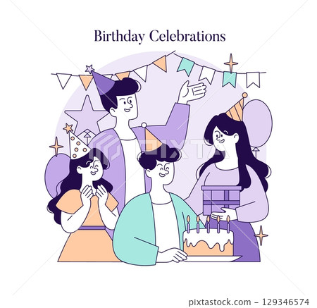 Vector illustration of a joyful birthday celebration with friends. Features people wearing party hats, holding a cake with lit candles, and exchanging happy expressions. 129346574