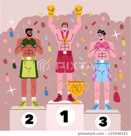 Vector illustration of three boxers standing on a winners' podium with medals. The champion raises their arms in celebration, while the others show varied emotions of pride and appreciation. 129346581