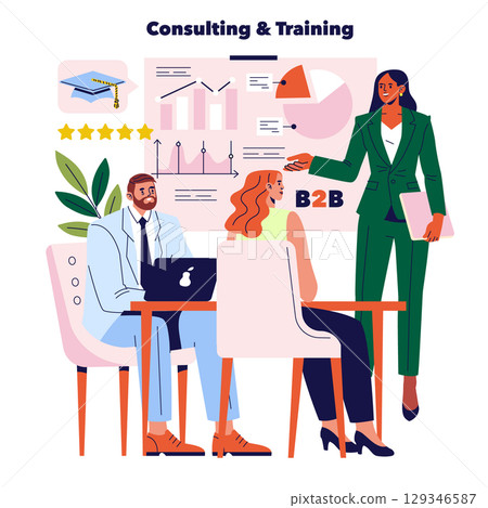 Vector illustration showing a business consulting session. A leader presents data to a seated team in a professional setting. Charts and graphs displayed in the background, indicating analysis. 129346587