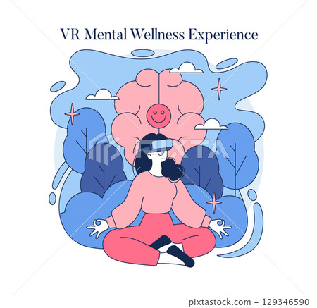 A person uses a virtual reality headset while meditating, with a visual representation of a happy brain in the background. Vector illustration highlighting relaxation and technology. 129346590