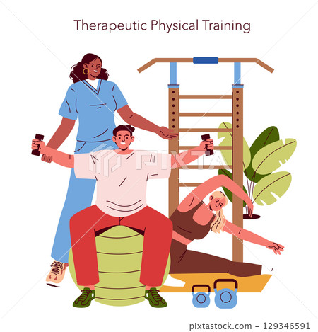 Group practicing therapeutic physical exercises with weights and stretching. Guided by an instructor, individuals engage in dynamic movement for rehabilitation purposes. Vector illustration. 129346591