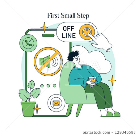 Vector illustration of a person taking a break by going offline. Depicts a peaceful expression while holding a cup, emphasizes the importance of disconnecting from digital devices. 129346595