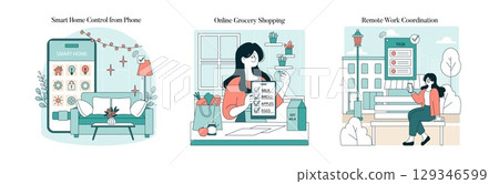 Vector illustration depicting smart home control via phone, online grocery shopping with a checklist, and remote work coordination. Emphasizes modern digital living concepts. Vector illustration depicting smart home control via phone, online grocery shopping with a checklist, and remote work coordination. Emphasizes modern digital living concepts. 129346599