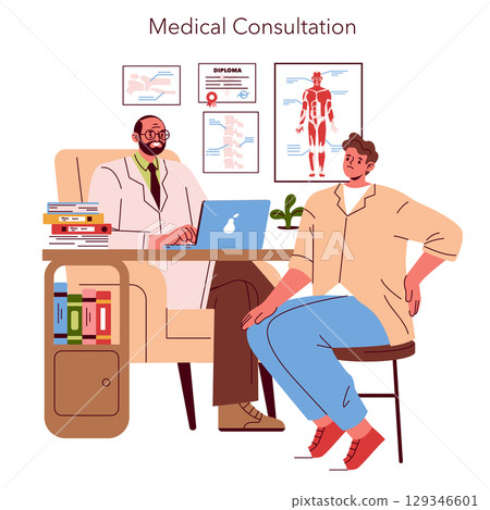 Doctor communicates with patient during medical consultation. Patient listens attentively in a warm, professional office setting. Books and anatomical charts in the background enhance the clinical 129346601