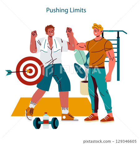 Personal Trainer concept. Individual receiving motivation and support from a personal trainer in a gym setting, focusing on achieving fitness goals and building confidence through guidance. Vector 129346605