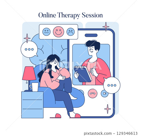 Vector illustration of an online therapy session with a person on a couch and a therapist on a screen. Emphasizes virtual communication and emotional support through technology. 129346613