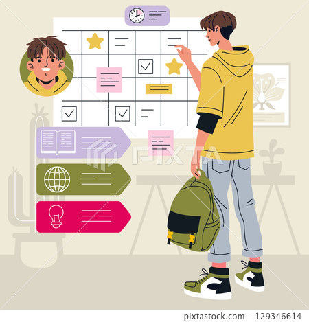 Student analyzing a weekly planner on the wall while holding a backpack. The organized schedule features icons and notes. Vector illustration with educational elements. Student analyzing a weekly planner on the wall while holding a backpack. The organized schedule features icons and notes. Vector illustration with educational elements. 129346614
