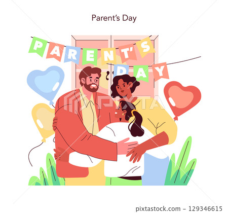 Parent's Day vector illustration showing a joyful family hug with colorful balloons and festive banner. The family shares a moment of warmth and connection during the celebration. Parent's Day vector illustration showing a joyful family hug with colorful balloons and festive banner. The family shares a moment of warmth and connection during the celebration. 129346615