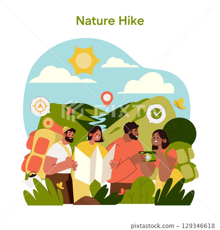 Friends on a nature hike, discussing their route with a map. The scene shows vibrant landscapes and happy expressions, highlighting the joy of outdoor exploration in a vector illustration. 129346618