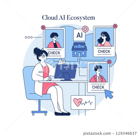 Vector illustration depicting a cloud AI ecosystem. A professional interacts with AI interfaces, analyzing multiple profiles and data connections. Ideal for technology, AI, and innovation themes. 129346637