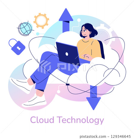Vector illustration of a woman using a laptop while sitting on a cloud, symbolizing cloud technology. Features elements like gears, arrows, and security icons, highlighting digital connectivity. Vector illustration of a woman using a laptop while sitting on a cloud, symbolizing cloud technology. Features elements like gears, arrows, and security icons, highlighting digital connectivity. 129346645