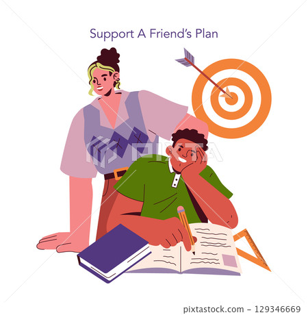Vector illustration showing two friends studying together, with one offering support and encouragement. The goal is visualized with a target and an arrow, symbolizing success. 129346669