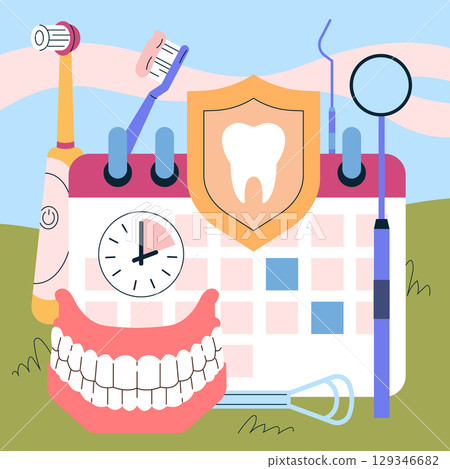 Dental care vector illustration featuring a calendar, dental tools, and dentures. Emphasizes the importance of oral hygiene and regular dental appointments for healthy teeth. Dental care vector illustration featuring a calendar, dental tools, and dentures. Emphasizes the importance of oral hygiene and regular dental appointments for healthy teeth. 129346682