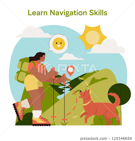 Vector illustration of a woman hiking with a dog, learning navigation skills in a mountainous landscape, expressing happiness and exploration. The scene captures outdoor adventure. 129346689