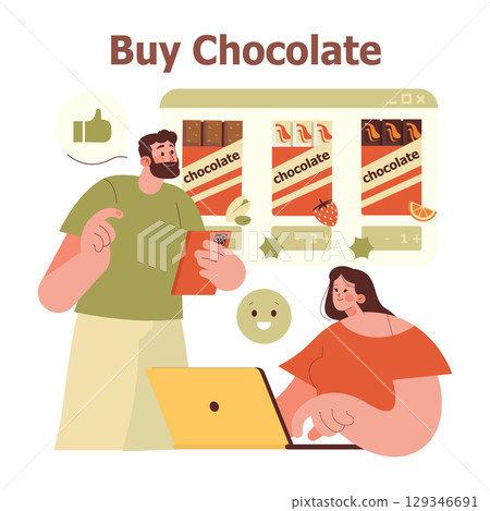 Vector illustration depicting two people shopping online for chocolate. One person holds a tablet, while another types on a laptop. The screen displays various chocolate options. 129346691