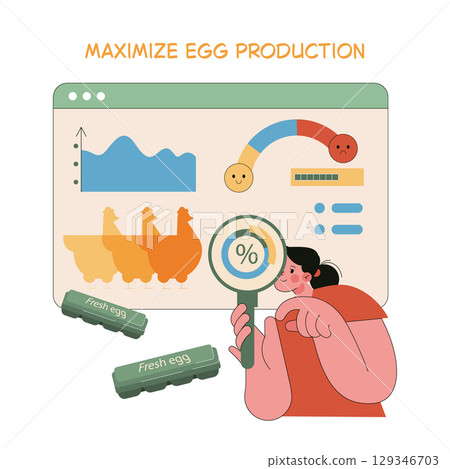 Egg Farm illustration. Focus on maximizing egg production using data analysis and monitoring techniques. Emphasizing efficiency in poultry farming and optimizing yield through effective management 129346703