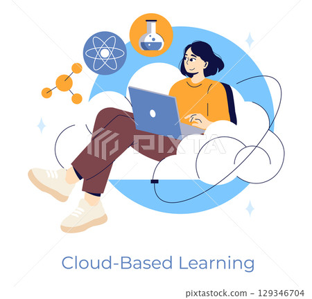 Vector illustration of a person engaged in cloud-based learning, using a laptop while surrounded by scientific icons. The image emphasizes technology and online education in a creative digital setting 129346704