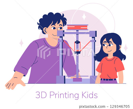 Kids are interacting with a 3D printer, showing interest and curiosity. The vector illustration highlights educational engagement in technology, enhancing creativity and learning. Kids are interacting with a 3D printer, showing interest and curiosity. The vector illustration highlights educational engagement in technology, enhancing creativity and learning. 129346705