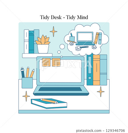 Vector illustration of a tidy desk featuring a laptop, stationery, and books. The workspace is designed for productivity, emphasizing neatness and order with minimalistic elements. 129346706