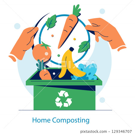Vector illustration depicting the action of home composting, with hands placing fresh produce like carrots and bananas into a recycling bin for organic waste management. Vector illustration depicting the action of home composting, with hands placing fresh produce like carrots and bananas into a recycling bin for organic waste management. 129346707