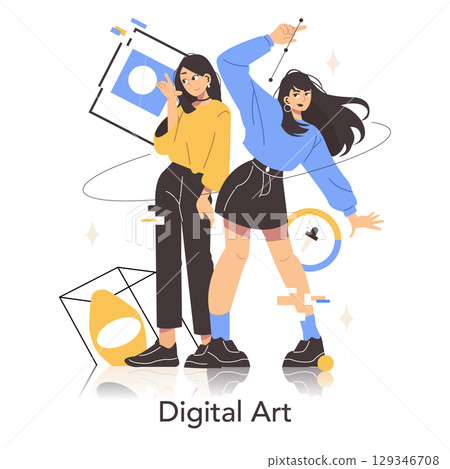 Two animated women express friendship and energy through dynamic poses and abstract elements in this digital art vector illustration, capturing modern style and creativity. Two animated women express friendship and energy through dynamic poses and abstract elements in this digital art vector illustration, capturing modern style and creativity. 129346708