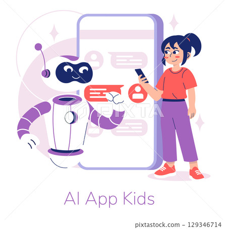 Vector illustration of a child interacting with an AI robot through a learning app on a phone. The scene depicts technology education and youth engagement with artificial intelligence. Vector illustration of a child interacting with an AI robot through a learning app on a phone. The scene depicts technology education and youth engagement with artificial intelligence. 129346714