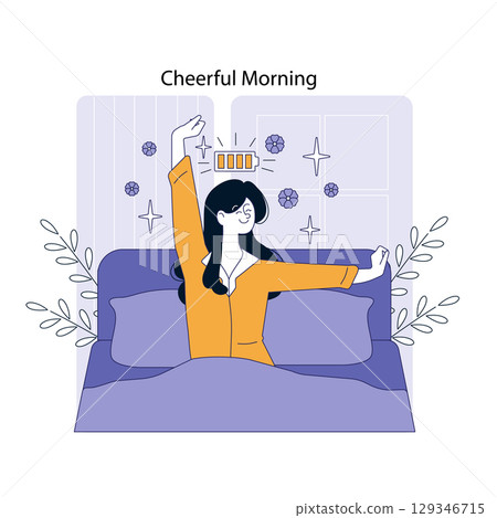 Cheerful morning scene of a woman stretching in bed, embracing a new day with positive energy. The illustration captures a bright atmosphere with light elements that suggest renewal and motivation. Cheerful morning scene of a woman stretching in bed, embracing a new day with positive energy. The illustration captures a bright atmosphere with light elements that suggest renewal and motivation. 129346715