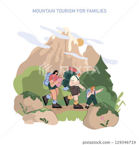 Mountain tourism concept. Family hiking on a scenic mountain trail with backpacks and outdoor gear. Adventure, nature exploration and active holidays in beautiful landscapes. Vector illustration. 129346719