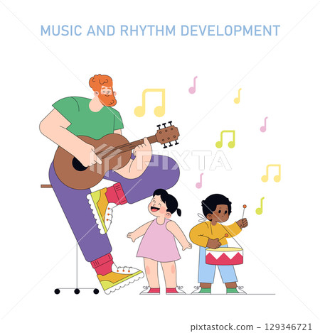 Vector illustration of an adult playing guitar with two children playing a drum and singing. Creative and musical development, emphasizing children's musical engagement and joy. 129346721