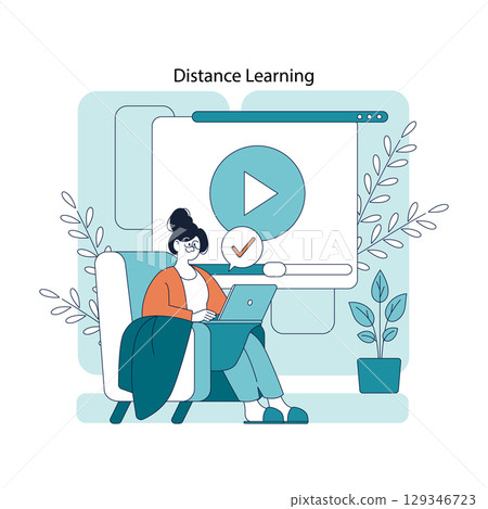 Vector illustration of a woman sitting on a chair using a laptop for distance learning. She is engaged in an online course with a large play button on the screen behind her. Vector illustration of a woman sitting on a chair using a laptop for distance learning. She is engaged in an online course with a large play button on the screen behind her. 129346723