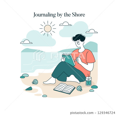 Vector illustration of a person relaxing and writing in a journal by the shore. The scene includes a sunny sky, ocean waves, scattered shells, and a drink, creating a peaceful atmosphere. Vector illustration of a person relaxing and writing in a journal by the shore. The scene includes a sunny sky, ocean waves, scattered shells, and a drink, creating a peaceful atmosphere. 129346724