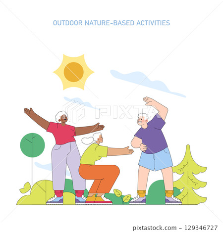 Vector illustration of three seniors energetically engaging in outdoor activities under a sunny sky. They express joy and connection amidst nature, highlighting active lifestyles. Vector illustration of three seniors energetically engaging in outdoor activities under a sunny sky. They express joy and connection amidst nature, highlighting active lifestyles. 129346727