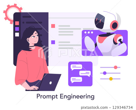 Vector illustration of a woman using a laptop, interacting with an AI robot. Concept symbolizes prompt engineering and human-technology collaboration in a modern digital workspace. Vector illustration of a woman using a laptop, interacting with an AI robot. Concept symbolizes prompt engineering and human-technology collaboration in a modern digital workspace. 129346734
