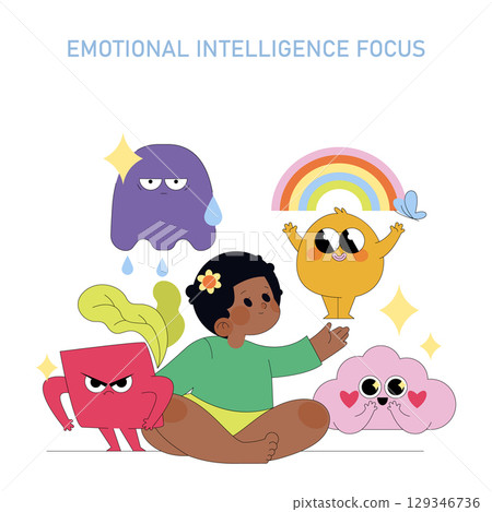 Vector illustration shows a child interacting with colorful emotion characters, exploring the concept of emotional intelligence. Each character displays different emotions, promoting awareness. Vector illustration shows a child interacting with colorful emotion characters, exploring the concept of emotional intelligence. Each character displays different emotions, promoting awareness. 129346736