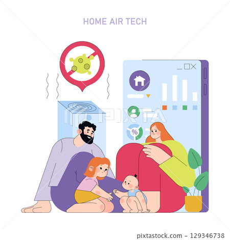 Vector illustration depicting a family embracing improved indoor air quality through advanced home air technology. Parents and children express calm and happiness in a healthy environment. 129346738