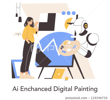 Vector illustration of an AI robot assisting an artist in creating digital artwork. The scene captures human-robot interaction with the robot holding a palette and engaging in creative tasks. 129346739
