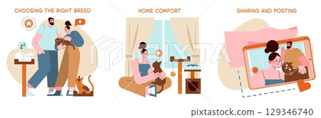 Vector illustration of choosing a cat breed, enjoying home comfort with a pet, and sharing pet moments online. Displays people holding and photographing a cat in a cozy setting. 129346740