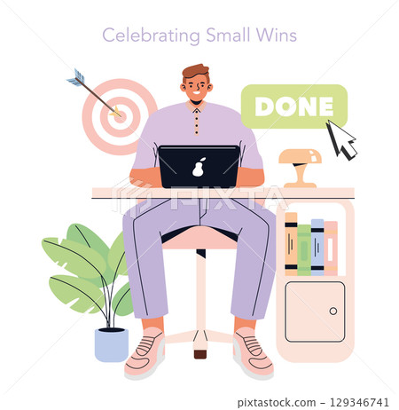 Workplace achievement concept. A casual man at his desk marks a completed task, embodying productivity and job satisfaction. Vector illustration. 129346741