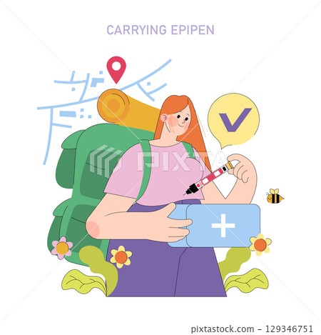 Vector illustration of a woman with a backpack holding an EpiPen during outdoor exploration. Emphasizes preparedness for emergencies in nature while surrounded by outdoor elements. Vector illustration of a woman with a backpack holding an EpiPen during outdoor exploration. Emphasizes preparedness for emergencies in nature while surrounded by outdoor elements. 129346751