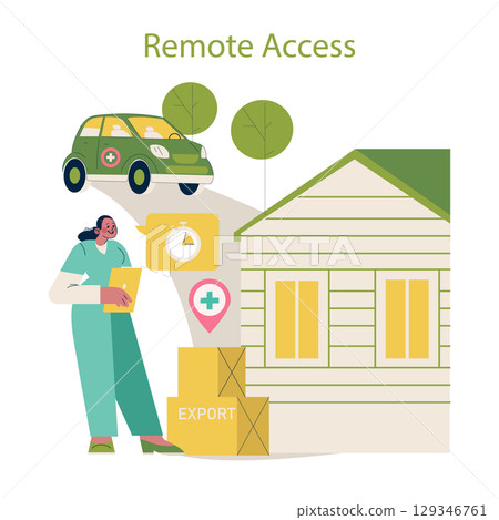 Vector illustration depicting remote access in medical export services. Includes a medical professional with a tablet, a delivery car, and export packages at a house. 129346761