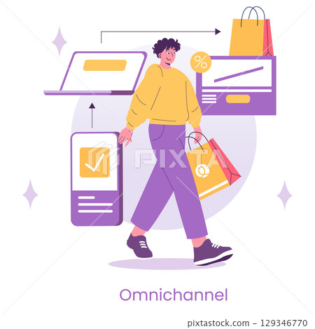 Vector illustration of a cheerful person engaging in omnichannel shopping. Displays online and offline shopping integration with arrows connecting devices, bags, and charts. Vector illustration of a cheerful person engaging in omnichannel shopping. Displays online and offline shopping integration with arrows connecting devices, bags, and charts. 129346770