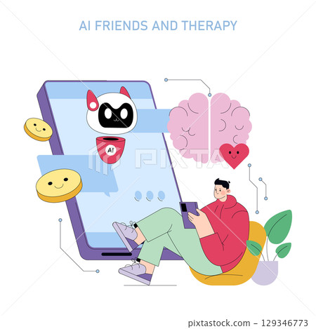 Vector illustration of a person using a smartphone for therapy, interacting with an AI companion. Features emotional support symbols like a brain and heart, highlighting mental health. 129346773