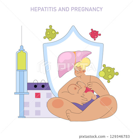 Vector illustration of a mother breastfeeding while shielded from hepatitis viruses. Includes medical symbols like a syringe and a calendar, emphasizing maternal health. 129346783