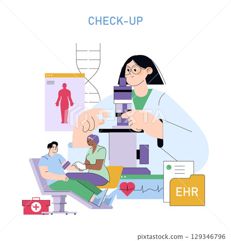 Mens Health Month. Doctor examining patient during medical checkup, research with microscope, DNA strand, health records and heart monitor promoting awareness and prevention. Vector illustration. 129346796