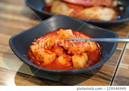 Korean side dish radish kimchi food cuisine 깍두기 kkakdugi カクテキ kakuteki Korean side dish radish kimchi food cuisine 깍두기 kkakdugi カクテキ kakuteki 129346949