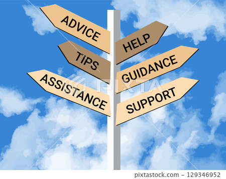 Advice, Help, Support, guidance, Tips and Assistance with arrows a metal signpost sky with clouds. Advice, Help, Support, guidance, Tips and Assistance with arrows a metal signpost sky with clouds. 129346952
