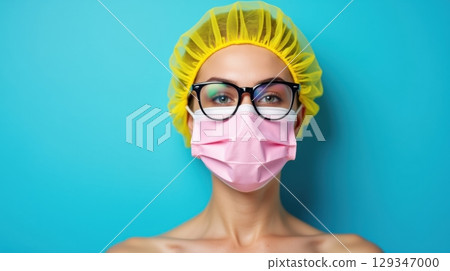 Young woman wearing eyeglasses, a pink mask Young woman wearing eyeglasses, a pink mask 129347000